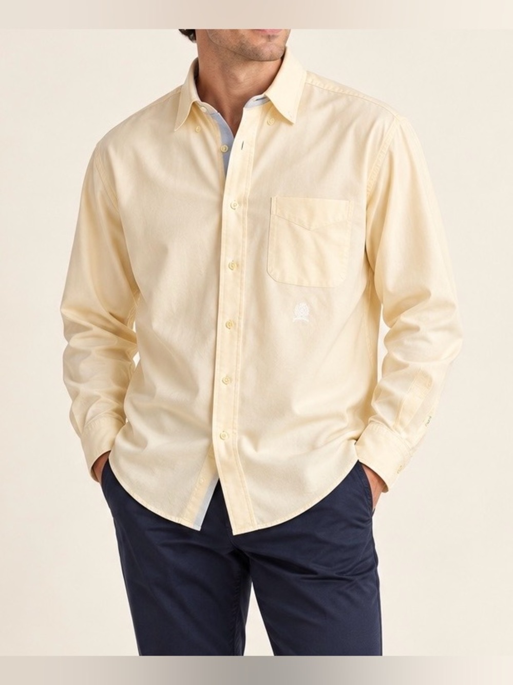 Tommy Hilfiger Mens Shirt 16 34 Yellow Cotton Oxford Crest Long Sleeve Preppy